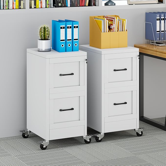 Small Metal 2-Drawer File Cabinet, Under Desk Office Cabinet, White | Rolling, Locking, Adjustable Hanging Rail, Fit A4, FC, Letter, Hanging File Folders for Home Office Storage Organization, 2PS