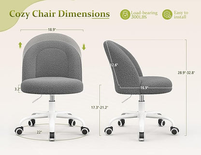 DurayLoly Vanity Chair with Back, Cute Desk Chair with Wheels, Armless Chair with Height Adjustable & 360° Swivel, Soft Lumbar Support for Small Space, Bedroom, Grey