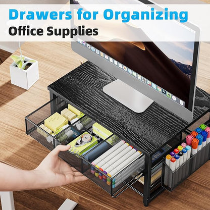 Marbrasse Wood Printer Stand for Desk, 2-Tier Desktop Printer Table for Home Office, Printer Stand with Storage Drawer 2 Pen Holders, Multi-Purpose Desk Organizer for Fax Machine Scanner (Wood Black)