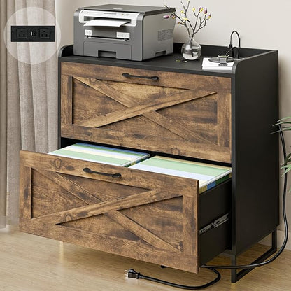 Vabches Lateral File Cabinet 2 Drawers File Cabinet with Charging Station, Modern Farmhouse Large Wood Home Office Furniture, Rustic Brown and Black