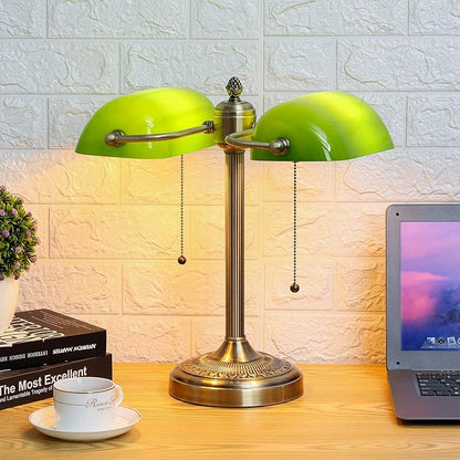 Green Double Head Glass Bankers Desk Lamp,Plug in | Pull Chain Switch Fixture for Library Office Cafe
