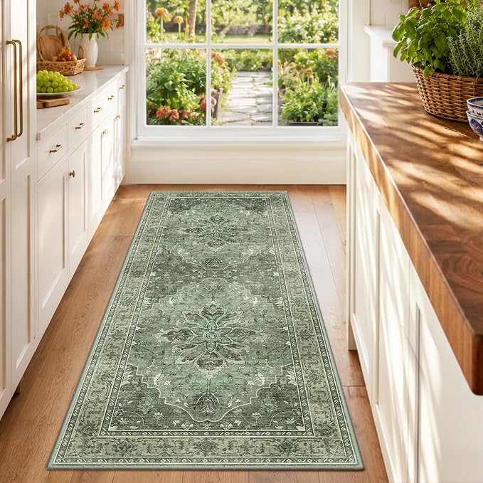 RELEANY Area Rugs Runner 2'x6' Washable Non-Slip, Floral Vintage Distress Medallion Carpet for Kitchen Hallway Bedroom Beside Laundry Room Bathroom, Dark Green Gray