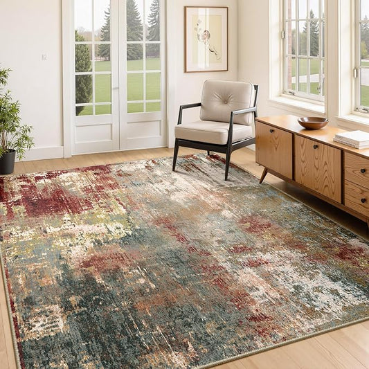 RELEANY Washable Area Rugs 4'x6' Non-Slip Modern Abstract Soft for Living Room Entryway Bedroom Kitchen, Print Pattern, Brown Rust Red Green Blue Multi