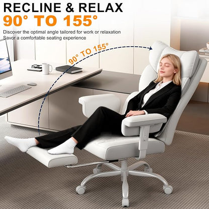 Misolant Big and Tall Office Chair with Footrest, High Back Executive Desk Chair with Adjustable Lift Armrest, 155°Recline，Lumbar Support Pillow, Faux Leather Gaming Chairs for Home All White