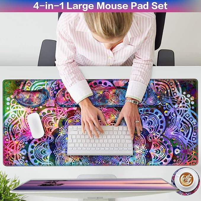 Mouse Pad with Wrist Rest, 4-in-1 Large Mousepad+Keyboard Wrist Rest+Mouse Pad Wrist Support+Cup Pad Set,Ergonomic Anti-Slip,Memory Foam Desk Mat for Home Office Gaming(35.4×15.7in)