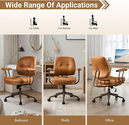 Ergonomic Home Office Chair, Mid-Century Faux Leather Home Office Desk Chairs with Wheels, Office Computer Chair with Rocking Swivel (Light Brown,Suede)