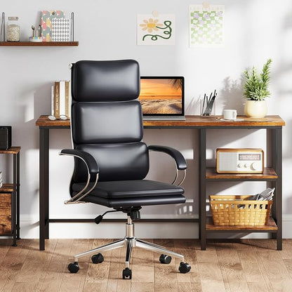Giantex Ribbed Office Chair, High Back Ergonomic Desk Chair with Wheels & Rocking Function, Swivel Leather Desk Chair w/Arms & Removable Lumbar Support & Seat Cushions, Modern Executive Chair, Black