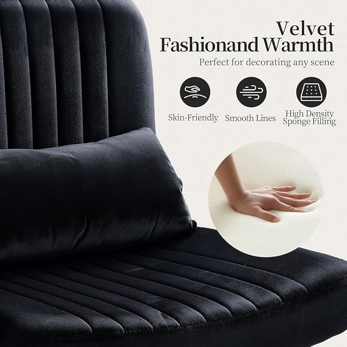 Warmiehomy Criss Cross Chair, Luxury Velvet Cross Legged Chairs, Office Chair for Home Office, Desk Chair with Height Adjustable, Wide Seat Computer Chair, Comfy Vanity Chair Gift, Classic Black