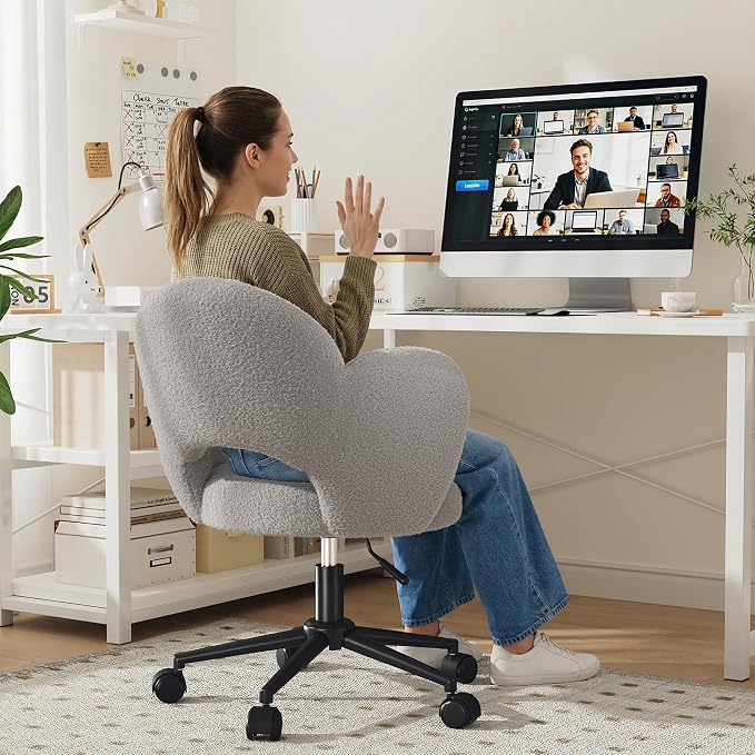 Homkdom Desk Chair with Wheels, 3.94" Thick Comfy Petal Vanity Chair, Swivel Armless Chair with Open Back and Adjustable Height, Ideal for Makeup Study Work and Relaxation, Grey
