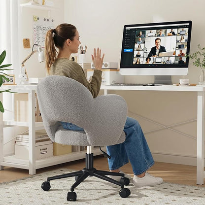 Homkdom Desk Chair with Wheels, 3.94" Thick Comfy Petal Vanity Chair, Swivel Armless Chair with Open Back and Adjustable Height, Ideal for Makeup Study Work and Relaxation, Grey