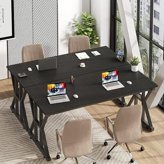 TVU Computer Desk, 55 inch Large Office Desk, Study Writing Table with Thicken Frame, Gaming Desk, Modern Simple Desk for Home Office, Black