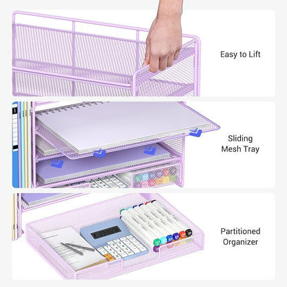 OPNICE Desk Organizer, 5-Tier Paper File Organizer with Drawer & Pen Holder, Office Desk Accessories, Workspace Desktop Organizer for Office Supplies(Purple)