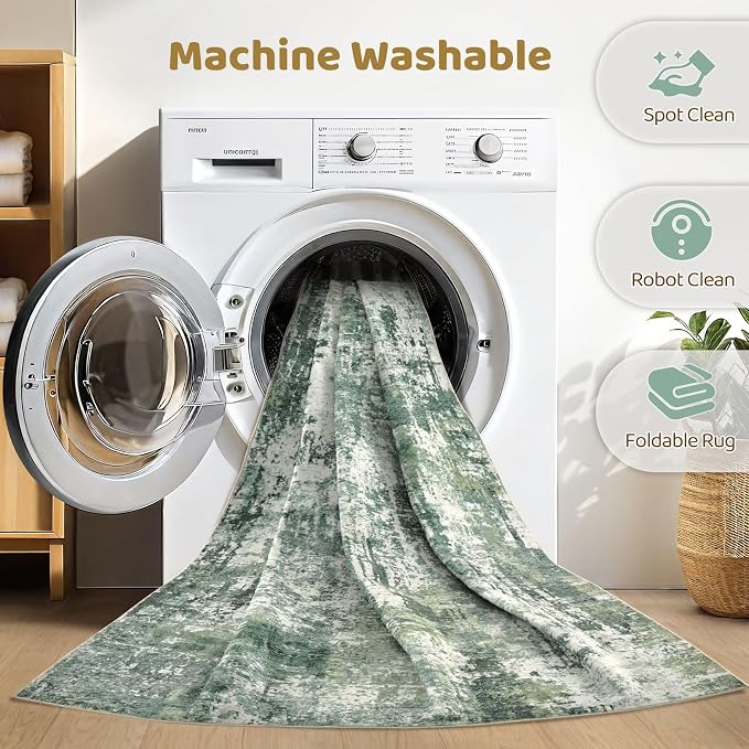 9x12 Area Rug Living Room: Washable Large Abstract Soft Stain Resistant Indoor Floor Rugs Non-Slip Accent Carpet for Bedroom Nursery Playroom Office Dining Room Home House- Dark Green