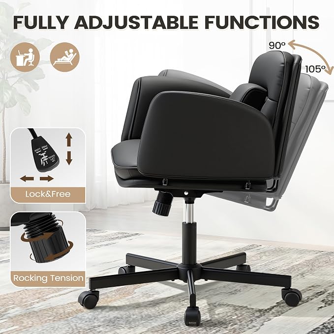 Furmax Vanity Chair with Adjustable Armrests, Comfortable Oversized PU Leather Criss Cross Chair with Wheels, Wide Office Desk Chair for Home, Make Up, Bed Room (Black)