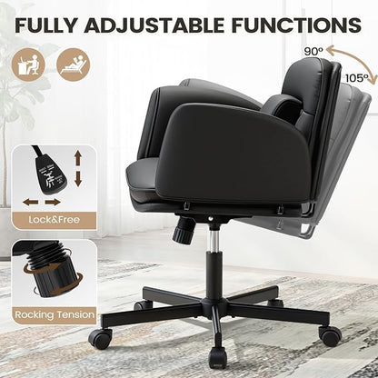 Furmax Vanity Chair with Adjustable Armrests, Comfortable Oversized PU Leather Criss Cross Chair with Wheels, Wide Office Desk Chair for Home, Make Up, Bed Room (Black)