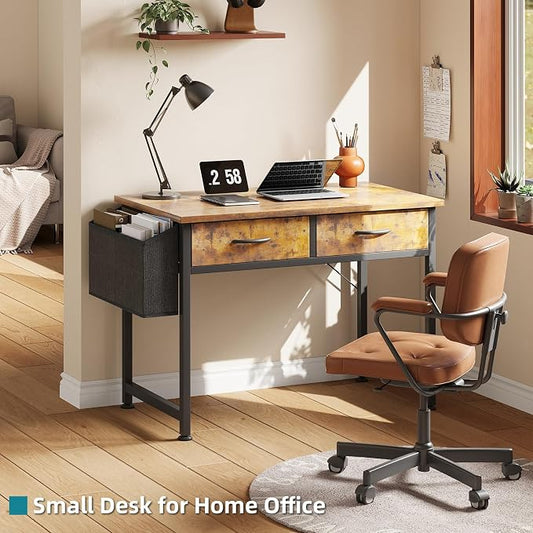 CAIYUN Computer Office Desk for Small Space with Fabric Drawers, Home Office Desk for Bedroom with Side Pocket and Hook, 31 Inch Brown Kid’s Desk, Writing Desk, Study Table and Work Desk