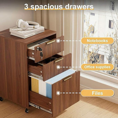 3 Drawers Fluted Mobile File Cabinet with Lock, Rolling File Cabinet Printer Stand Table, Under Desk Wooden Filing Cabinets for Home Office Essentials Storage Organization Furniture Letters/A4(Walnut)