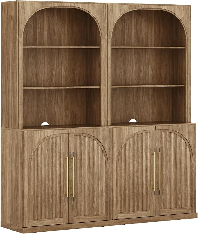 BELLEZE Set of 2 Tall Arched Storage Cabinet with Hutch, Freestanding Display Shelf with Fluted Design, Wood Highboard for Living Room and Home Office, Camel