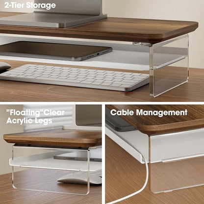 Fenge Acrylic Monitor Stand Riser, 23.6 Inches Monitor Stand with Metal Storage, 2 Tier Acrylic Computer Riser for Desk, Clear Laptop Stand for PC, Laptop, Printer, TV