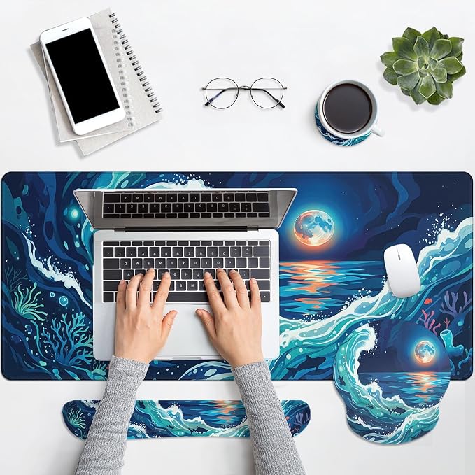 Britimes Moonlight Waves Keyboard Mouse Pad Set Blue Ocean Shark 4in1 Large Mousepad+Keyboard Wrist Rest+Mouse Wrist Rest+Coaster Ergonomic Design for Home Office Computer 35.4x15.7 inches