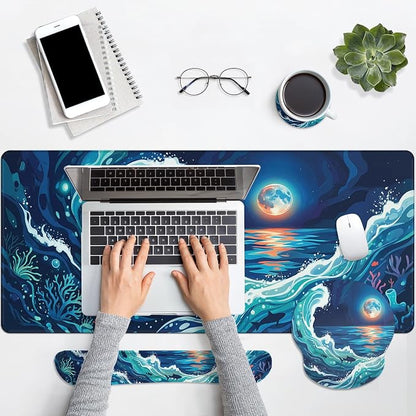 Britimes Moonlight Waves Keyboard Mouse Pad Set Blue Ocean Shark 4in1 Large Mousepad+Keyboard Wrist Rest+Mouse Wrist Rest+Coaster Ergonomic Design for Home Office Computer 35.4x15.7 inches