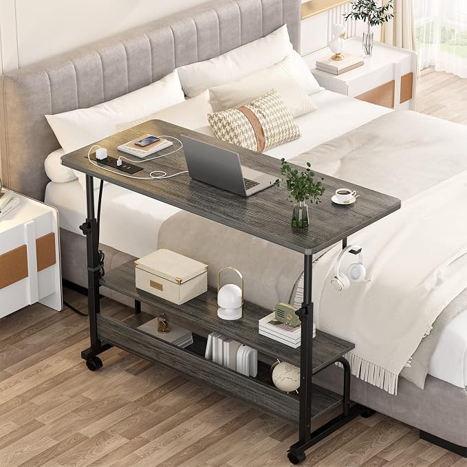 Armocity Rolling Standing Desk with Charging Station, Portable Height Adjustable Mobile Computer Desk with Wheels & 2-Tier Shelves & Hooks, Easy Assembly Laptop Table for Couch Bed, 39" Grey Oak