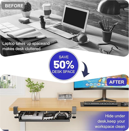 Sliding No Drill Under Desk Laptop Mount, Metal Under Desk Storage Shelf with Cable Management, Slide Out Laptop Storage Tray for MacBook, Mac Mini, Fits Office Workstations(Black with slid rail)