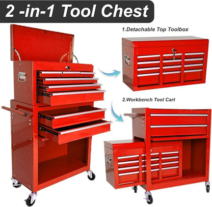 RYH 8 Drawers Rolling Tool Chest & Tool Box on Wheels | Heavy Duty Metal Cart with Ball Bearing Drawers | Fits US General Tool Box for Garage Storage (Red, 8 Drawers /43.1" H × 24.2" W)
