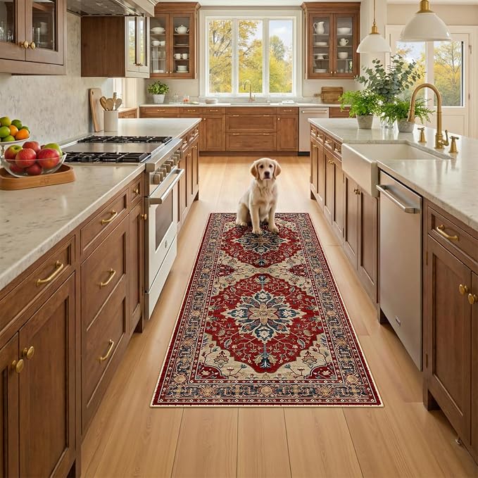 RELEANY Area Rugs Runner 2'x5' Washable Non-Slip, Floral Vintage Distress Medallion Carpet for Kitchen Hallway Bedroom Beside Laundry Room Bathroom, Red Blue