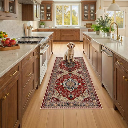 RELEANY Area Rugs Runner 2'x5' Washable Non-Slip, Floral Vintage Distress Medallion Carpet for Kitchen Hallway Bedroom Beside Laundry Room Bathroom, Red Blue