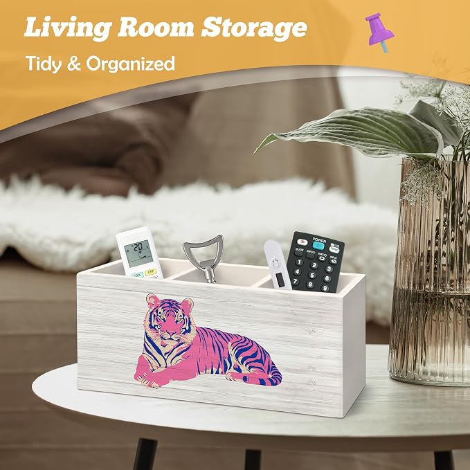Trendy Retro Pink Tiger Pen Holder Organizer for Desk Accessories, Funky Preppy 70s Wooden Box Sign Desk Decorations for Girly Room Bedroom Dorm School Decor, Tiger Gifts for Women