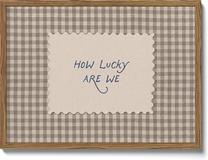 How Lucky Are We Wall Art Framed Canvas, Vintage Gingham Quote Print, Trendy Preppy Aesthetic Stripe Inspirational Wall Decor for Bedroom Dorm Apartment 8x10 Inch