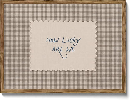 How Lucky Are We Wall Art Framed Canvas, Vintage Gingham Quote Print, Trendy Preppy Aesthetic Stripe Inspirational Wall Decor for Bedroom Dorm Apartment 12x16 Inch