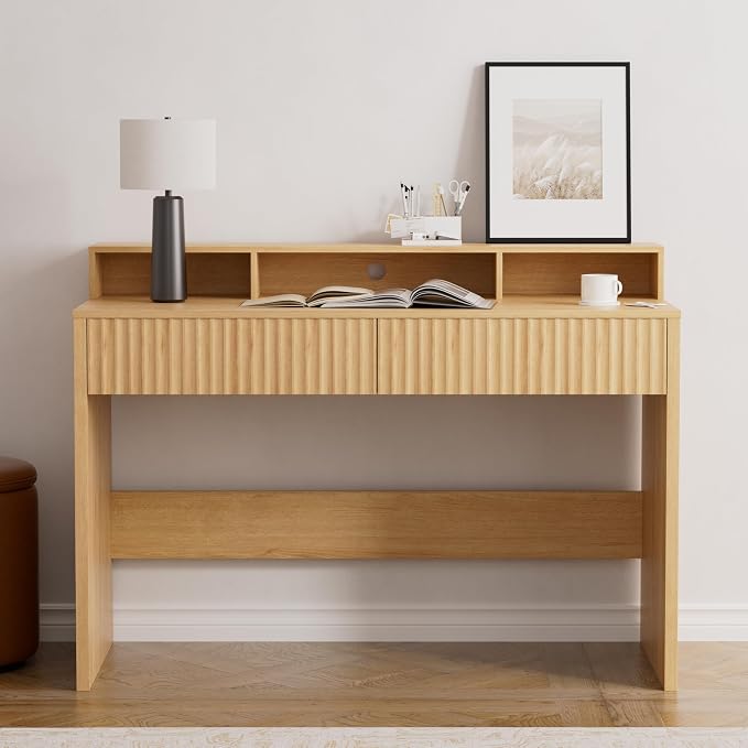 EYYTHUNG 47" Fluted Office Desk with Storage Shelf, Modern Wood Executive Desk with Long Monitor Stand & 2 Drawers, Home Writing Study Computer Table Vanity Desk, Natural Oak