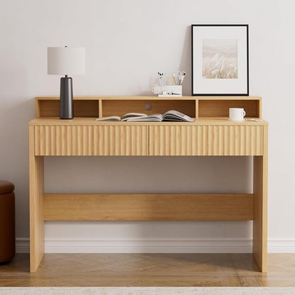 EYYTHUNG 47" Fluted Office Desk with Storage Shelf, Modern Wood Executive Desk with Long Monitor Stand & 2 Drawers, Home Writing Study Computer Table Vanity Desk, Natural Oak