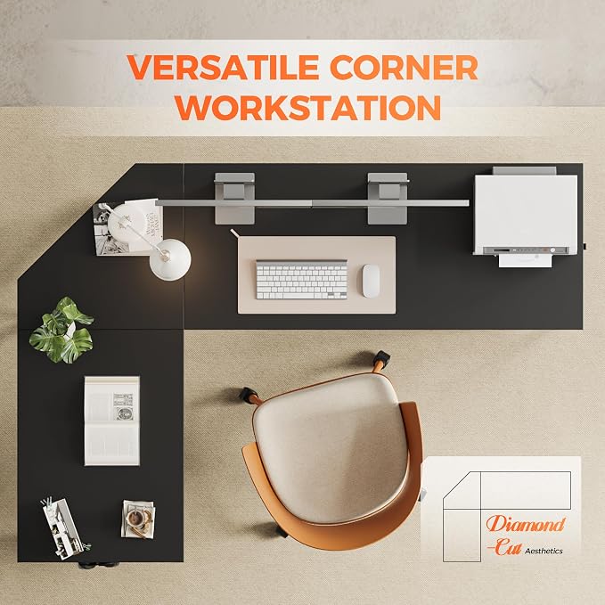 Mericonia 59 inch Large L Shaped Desk, Simple Corner Gaming Desk with CPU Stand & Hooks, Computer Desk for Home, Bedroom & Office Workspacee, Black