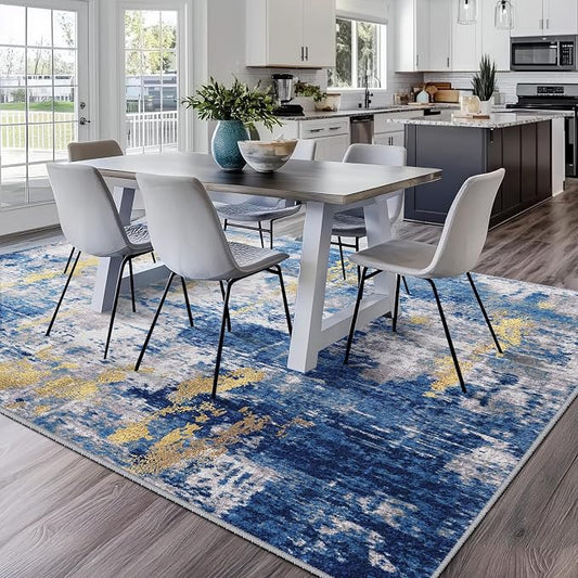 RELEANY Washable Area Rugs 10'x12' Non-Slip Modern Abstract Soft for Living Room Entryway Bedroom Kitchen, Print Pattern, Grey Blue Gold/Golden