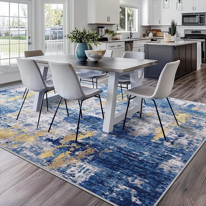 RELEANY Washable Area Rugs 5'x7' Non-Slip Modern Abstract Soft for Living Room Entryway Bedroom Kitchen, Print Pattern, Grey Blue Gold/Golden