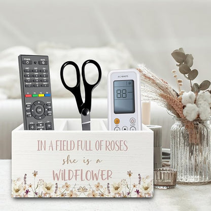 Wildflower Nursery Decor Pen Pencil Holder Organizer for Desk, Girl Nursery Decor, in a Field Full of Roses She Is a Wildflower Wooden Box Sign for Girly Room Bedroom Desk Tabletop Decorations