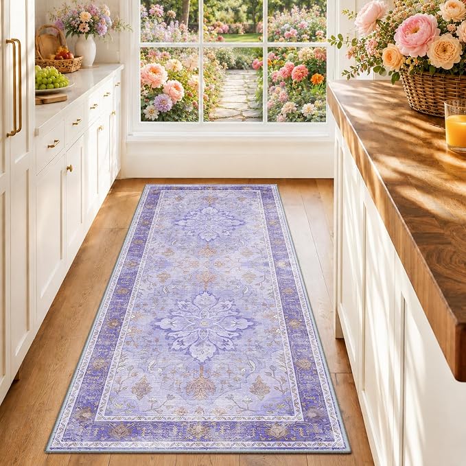 RELEANY Area Rugs Runner 2'x6' Washable Non-Slip, Floral Vintage Distress Medallion Carpet for Kitchen Hallway Bedroom Beside Laundry Room Bathroom, Light Purple Brown
