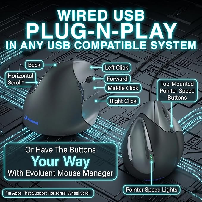 Evoluent – World's Original Vertical Mouse, Wired Ergonomic Mouse for Right Hand, Medium to Large, Helps with Carpal Tunnel and Wrist Strain, Customizable 6 Buttons, 4 Speed Settings, Comfortable Grip