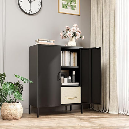 Bevivog Metal Locker Storage Cabinet, Home Office Metal Storage Cabinet Small Sideboard with 2 Doors and 2 Adjustable Shelves,40" Counter Cabinets for Office Garage Bathroom Living Room Hallway