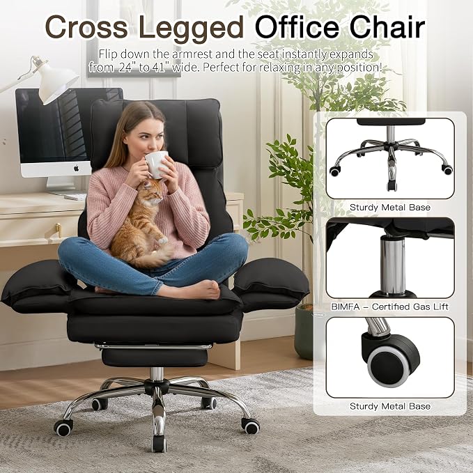 Cloud Cross Legged Office Chair with Footrest,Leather Big and Tall Executive Ergonomic Chair, Flip Armrests for Pets,155° Reclining Computer Wide Desk Chair for Home,Office (Black)