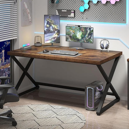 IBF Rustic Computer Desk, Industrial 47” Home Office Desk, Farmhouse Wood Metal Work Desk for Writing Study, Vintage Minimalist Executive Workstation PC Gaming Table in Bedroom, Rustic Brown