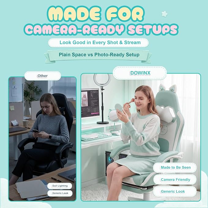 Dowinx Gaming Chair with Cat Ears and Massage Lumbar Support, Ergonomic Computer Chair with Footrest and Headrest, Comfortable Reclining Game Chair 290lbs for Adults, Blue