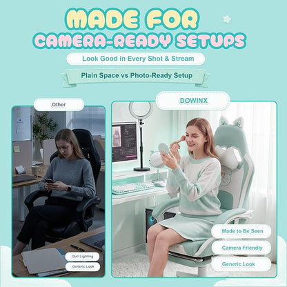Dowinx Gaming Chair with Cat Ears and Massage Lumbar Support, Ergonomic Computer Chair with Footrest and Headrest, Comfortable Reclining Game Chair 290lbs for Adults, Blue
