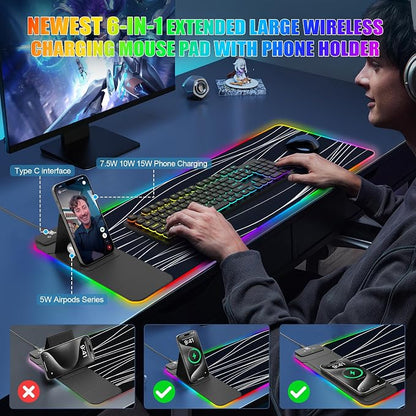 RGB Mouse Pad with Foldable Phone Stand Wireless Charger, 31.5"x11.8" XL Gaming Mousepad Large Desk Mat, Desk Pad with 11 Colors 5 Modes, Waterproof
