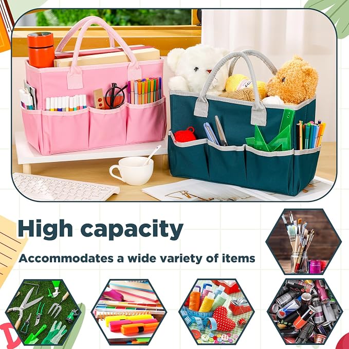 Tellingyou 2 Pcs Art Craft Tote Bag Teacher Craft Organizers and Storage Bag Desktop Tote Supply 600d Oxford Classroom Organizer Caddy Gift for Crafters Christmas Office(Dark Green, Pink)