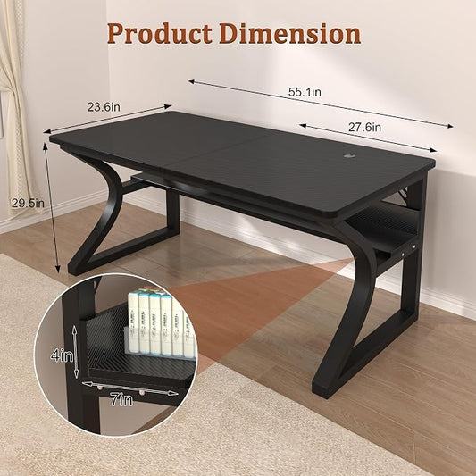 55 inch Computer Desk, Home Office Desk with Storage Shelf, Sturdy U-Shaped Metal Frame Study Table with Cable Management, Gaming Desk for Office & Bedroom (Carbon Fiber Black, 55inch)