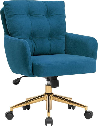Flannel Office Chair, Comfy Home Office Desk Chairs with Lumbar Support, Modern Velvet Desk Chair Gold Legs Small Swivel Task Chair for Home Office, Bedroom, Study (Blue, XL)